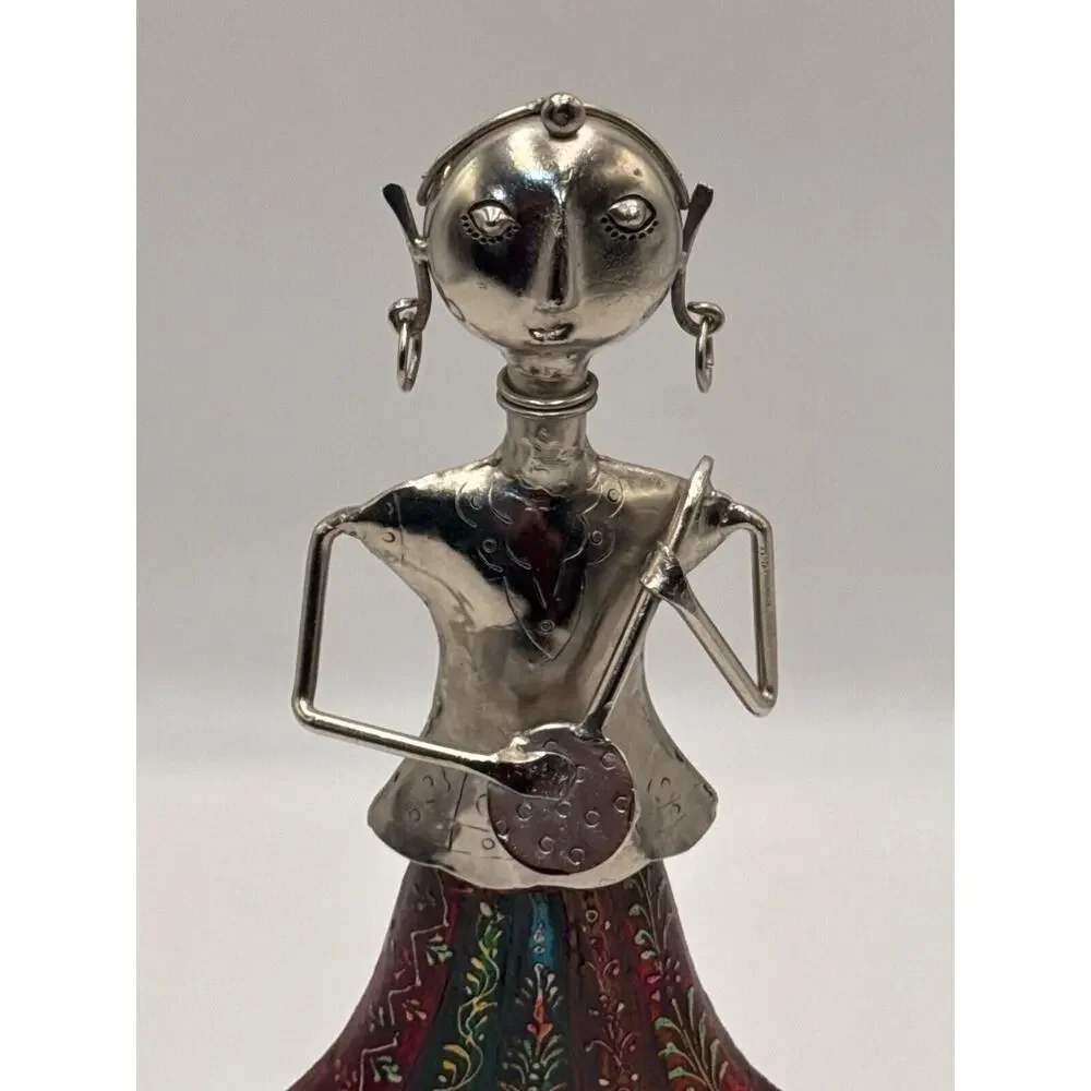 Musician Folk Art Metal & Wood Female Doll Figurine · Floral Painted Dress · 14